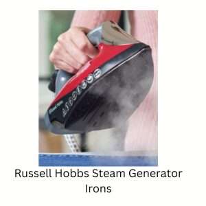 lady using a russell hobbs steam generator iron on an ironing board