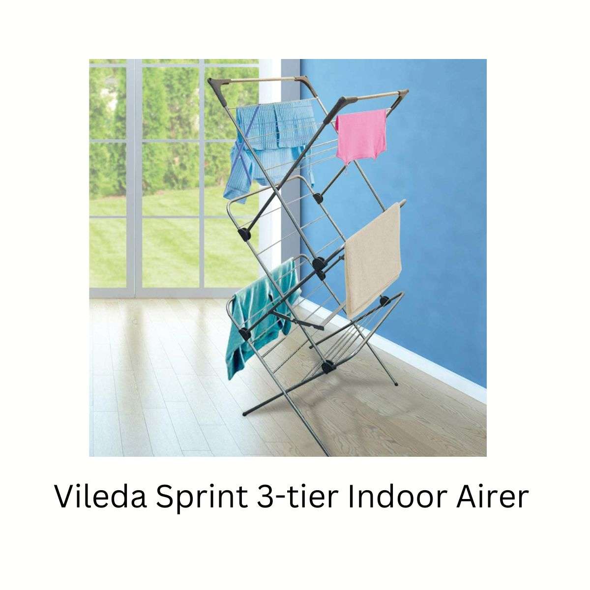 Vileda Sprint 3-tier Indoor Airer with clothes hanging on it