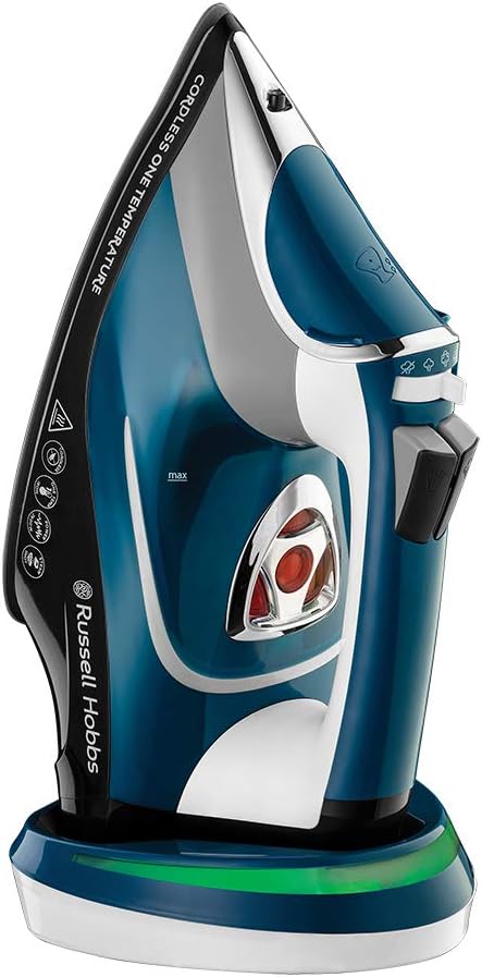 Russell Hobbs Cordless Steam Iron with One Temp Technology, Fast 6 second charge, Ceramic soleplate, 210g Steam Shot, 45g Continuous steam, 350ml Water Tank, Self-clean function, 2600W, 26020