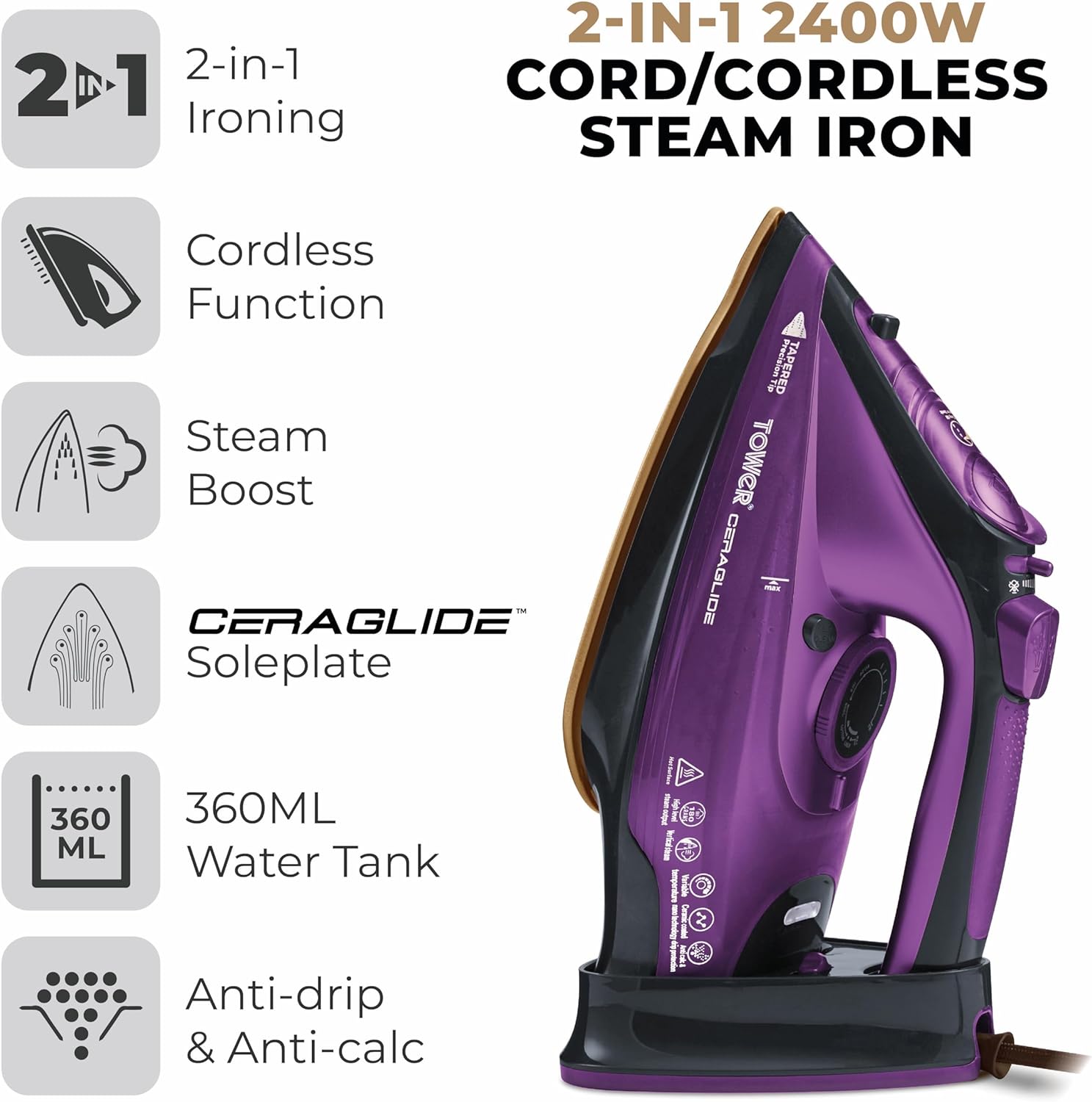 Tower T22008 CeraGlide Cordless Steam Iron with Ceramic Soleplate and Variable Steam Function, 2400 W