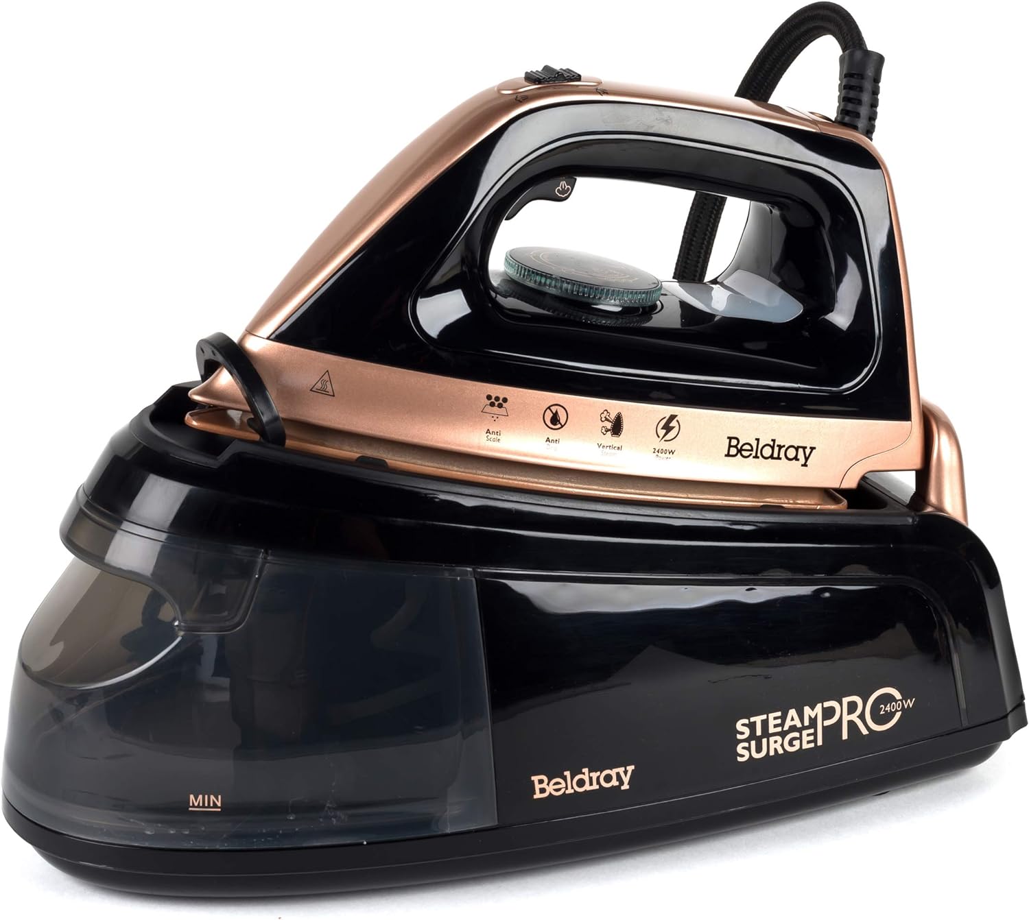 Beldray BEL01137-150 Steam Station Iron – Steam Surge Pro With Large 1.2 L Detachable Water Tank, Ceramic Soleplate, Anti-Calc, Vertical Steaming, Variable Temperature, Cord Storage, 2400 W, Rose Gold