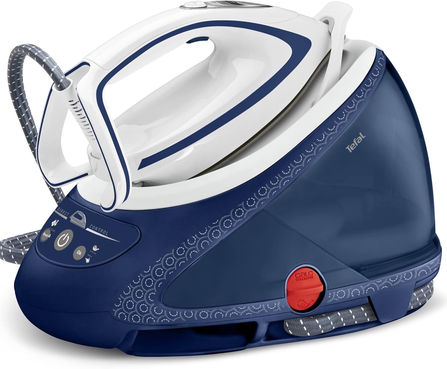 Tefal Pro Express Ultimate High Pressure Steam Generator Iron, 1.9 L Capacity, 8 Bar, 180 g/min continuous steam & 600 g/min steam boost, 2830 Watt, Removable Scale Collector, Blue & White GV9580