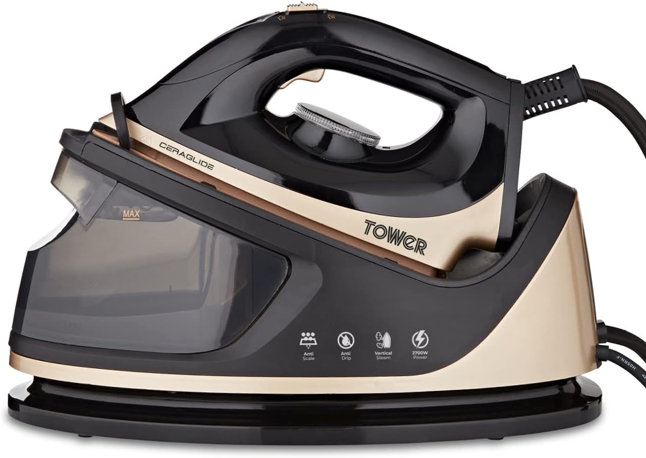 Tower T22023GLD Ceraglide Steam Generator with Steam Shot Button, 3 Temperature Settings, 1.2L, 2700 W, Champagne Gold and Black